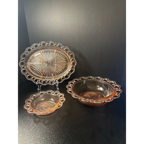 Pink Depression Glass Old Colony Lace Edge Bowl & Divided Plate Set - Picture 2 of 9